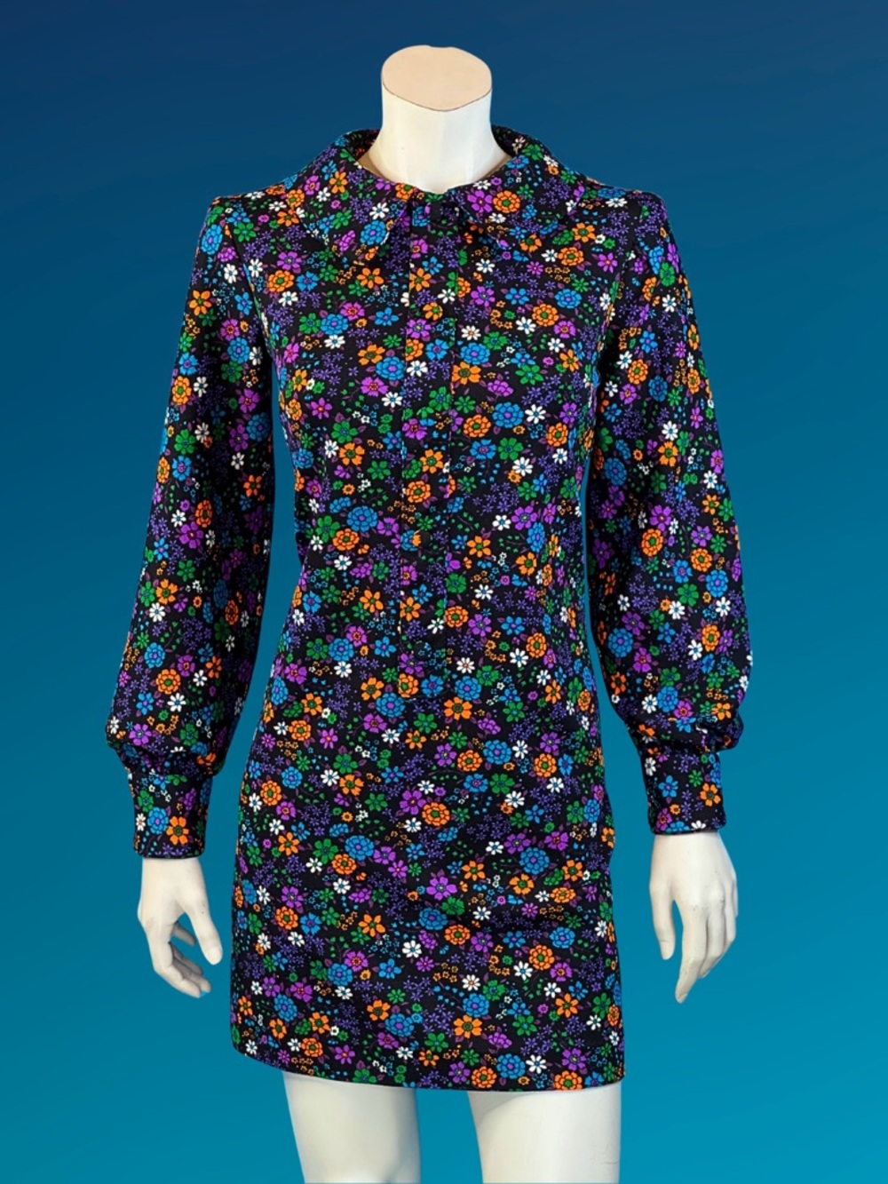 60s 70s Psychedelic Floral Garden Print MOD Collar Mini Shift Dress / M